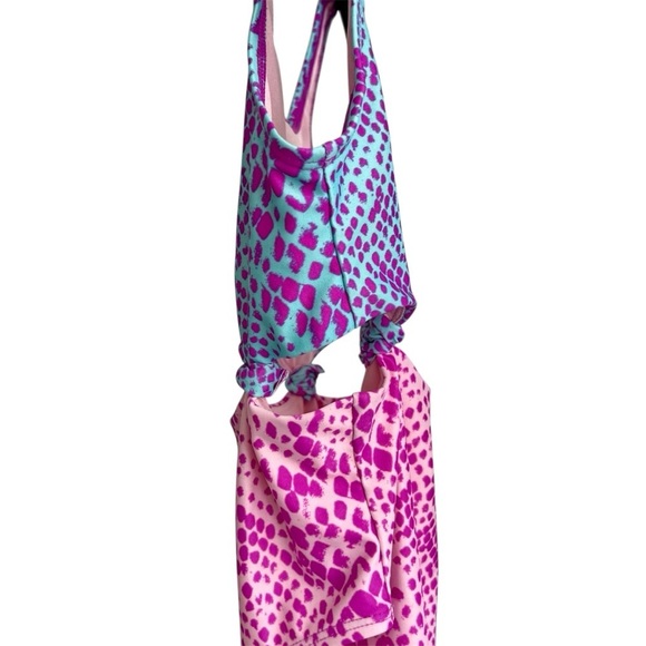 One Piece Pink & Turquoise Print Bathing Suit with Knotted Cut Outs Size S 6/6X - Picture 2 of 6